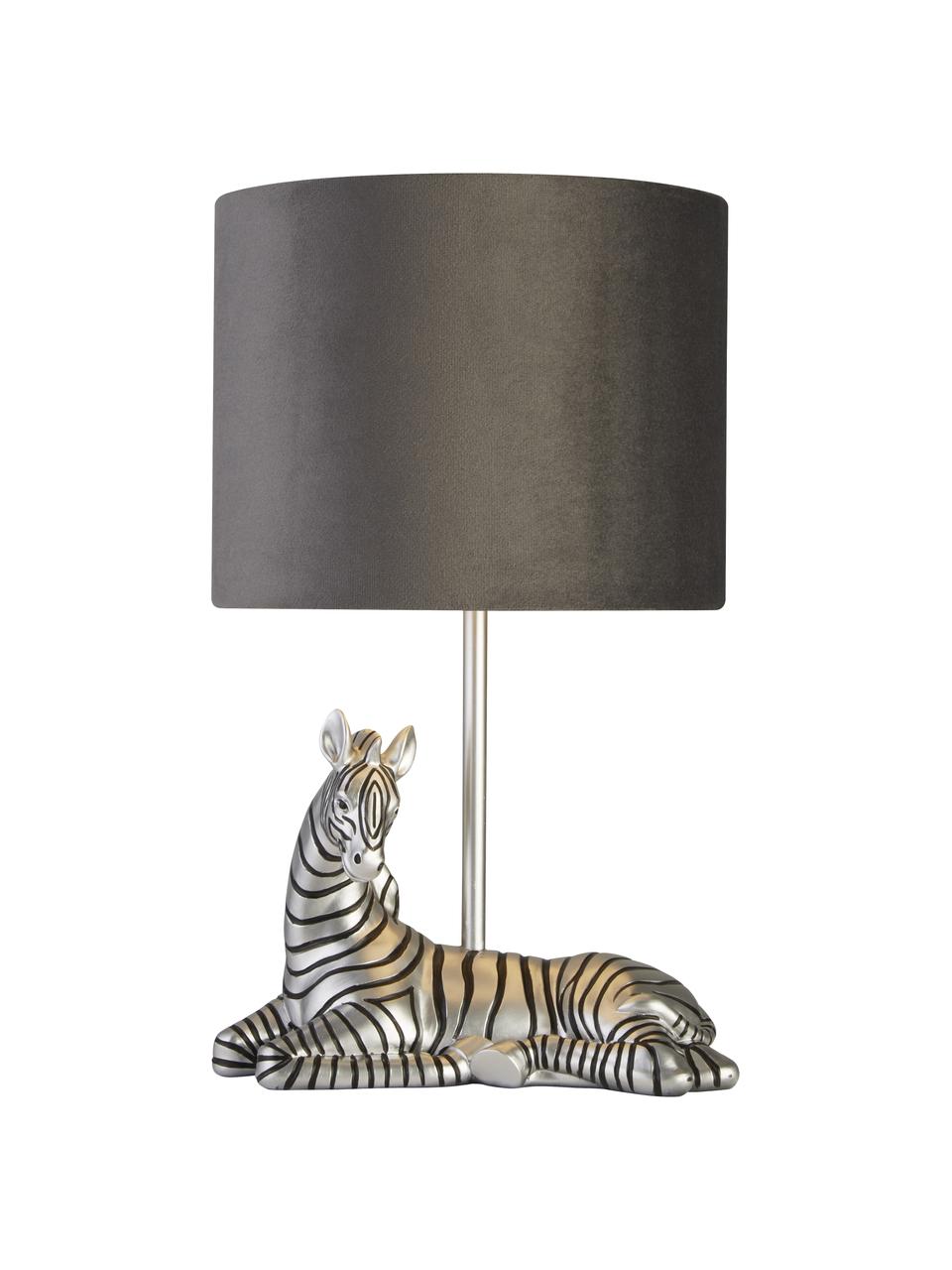 Design tafellamp Zebra met fluwelen lampenkap, Lampenkap: fluweel, Lampvoet: polyresin, Grijs, zilverkleurig, zwart, Ø 20 x H 35 cm