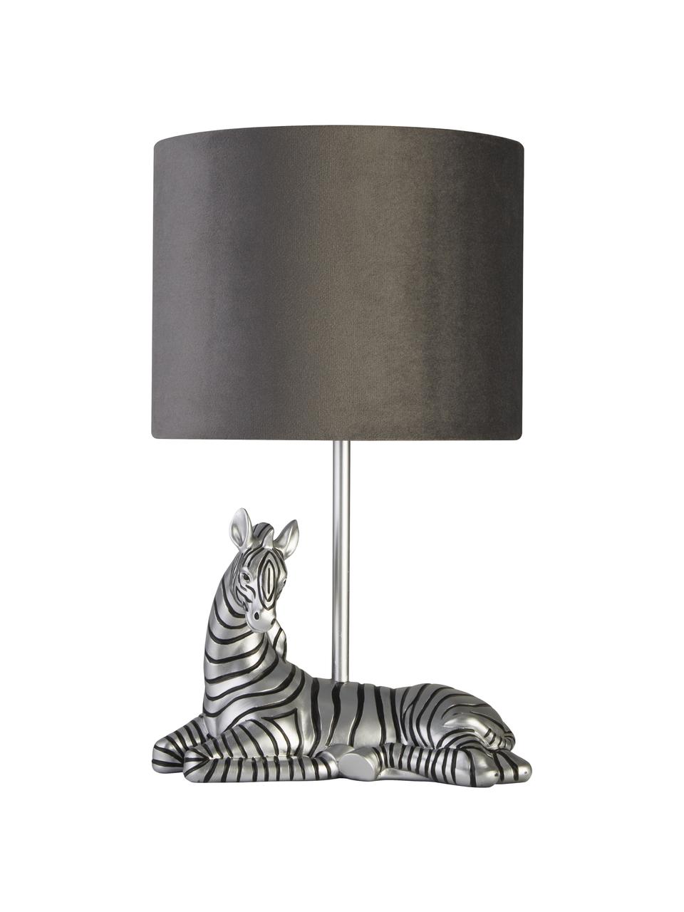 Design Tischlampe Zebra mit Samtschirm, Lampenschirm: Samt, Lampenfuß: Polyresin, Grau, Silberfarben, Schwarz, Ø 20 x H 35 cm