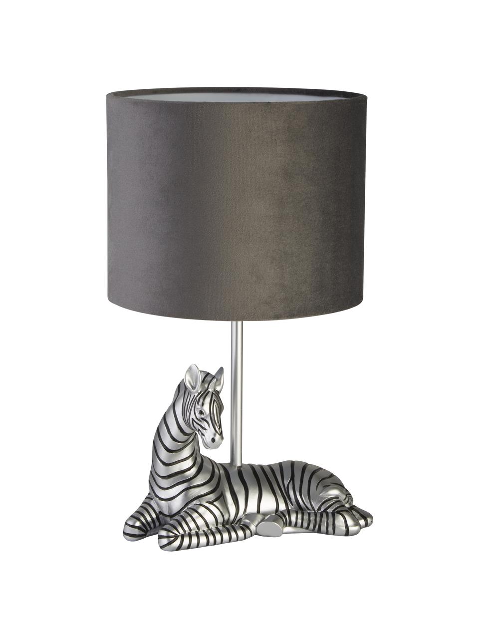 Design tafellamp Zebra met fluwelen lampenkap, Lampenkap: fluweel, Lampvoet: polyresin, Grijs, zilverkleurig, zwart, Ø 20 x H 35 cm