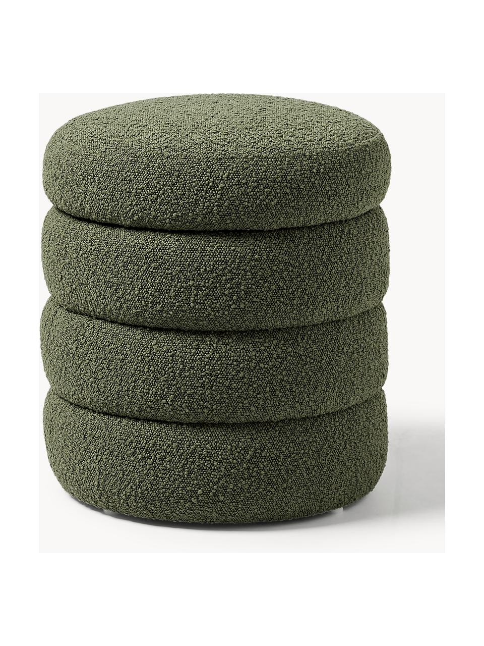 Pouf in bouclé con contenitore Alto, Rivestimento: bouclé (100% poliestere) , Struttura: legno di pino massiccio, , Bouclé verde scuro, Ø 43 x Alt. 48 cm