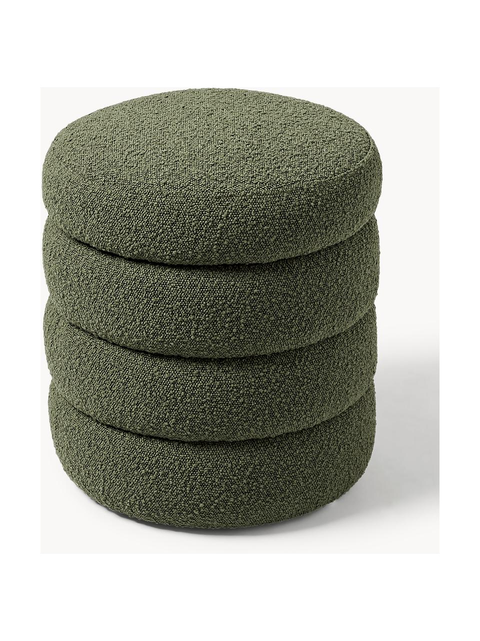 Pouf in bouclé con contenitore Alto, Rivestimento: bouclé (100% poliestere) , Struttura: legno di pino massiccio, , Bouclé verde scuro, Ø 43 x Alt. 48 cm