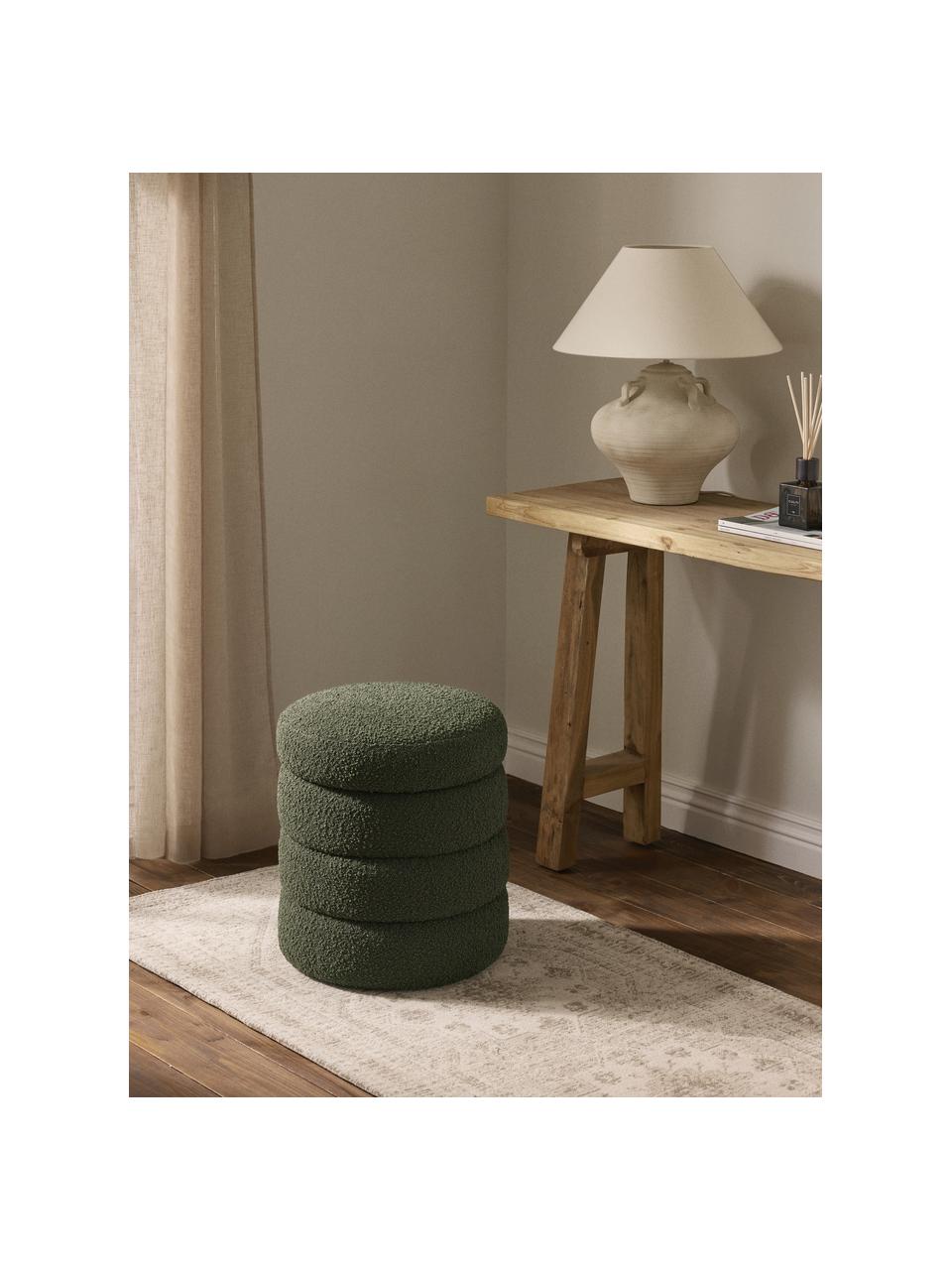 Pouf in bouclé con contenitore Alto, Rivestimento: bouclé (100% poliestere) , Struttura: legno di pino massiccio, , Bouclé verde scuro, Ø 43 x Alt. 48 cm