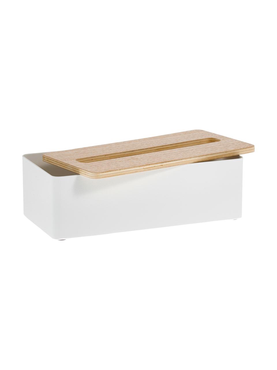 Caja de pañuelos Rin, Caja: acero pintado, Blanco, madera clara, An 26 x Al 8 cm
