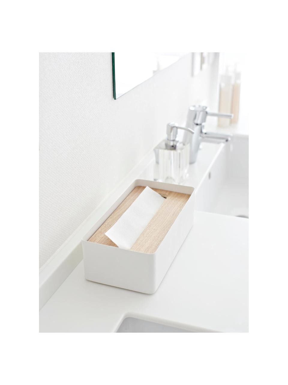 Kosmetiktuchbox Rin mit abnehmbaren Bambus-Deckel, Deckel: Holz, Box: Stahl, lackiert, Weiß, Braun, B 26 x H 8 cm