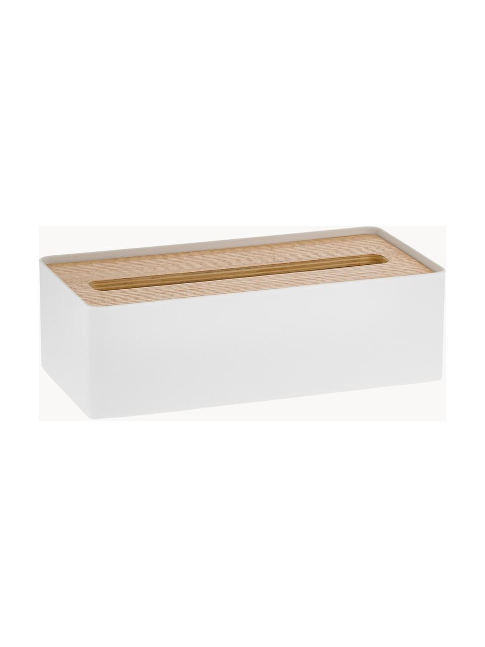 Caja de pañuelos Rin, Caja: acero pintado, Blanco, madera clara, An 26 x Al 8 cm