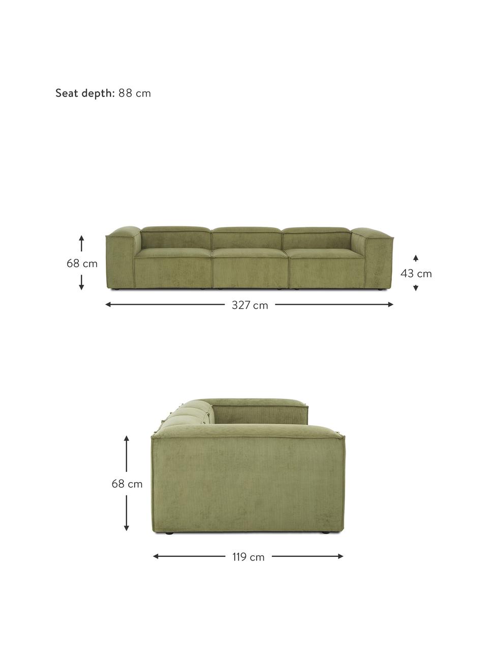 Sofa modułowa ze sztruksu Lennon (4-osobowa), Tapicerka: sztruks (92% poliester, 8, Stelaż: lite drewno sosnowe z cer, Nogi: tworzywo sztuczne Materia, Zielony sztruks, S 327 x G 119 cm
