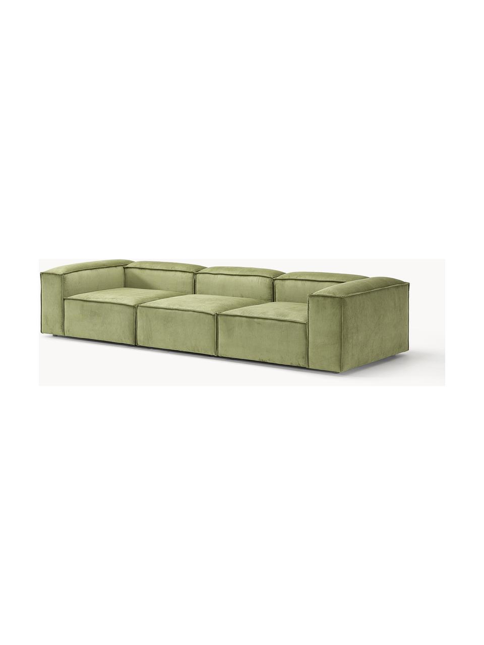 Modulares Sofa Lennon (4-Sitzer) aus Cord, Bezug: Cord (92 % Polyester, 8 %, Gestell: Massives Kiefernholz, Spe, Füße: Kunststoffx Dieses Produk, Cord Olivgrün, B 327 x T 119 cm