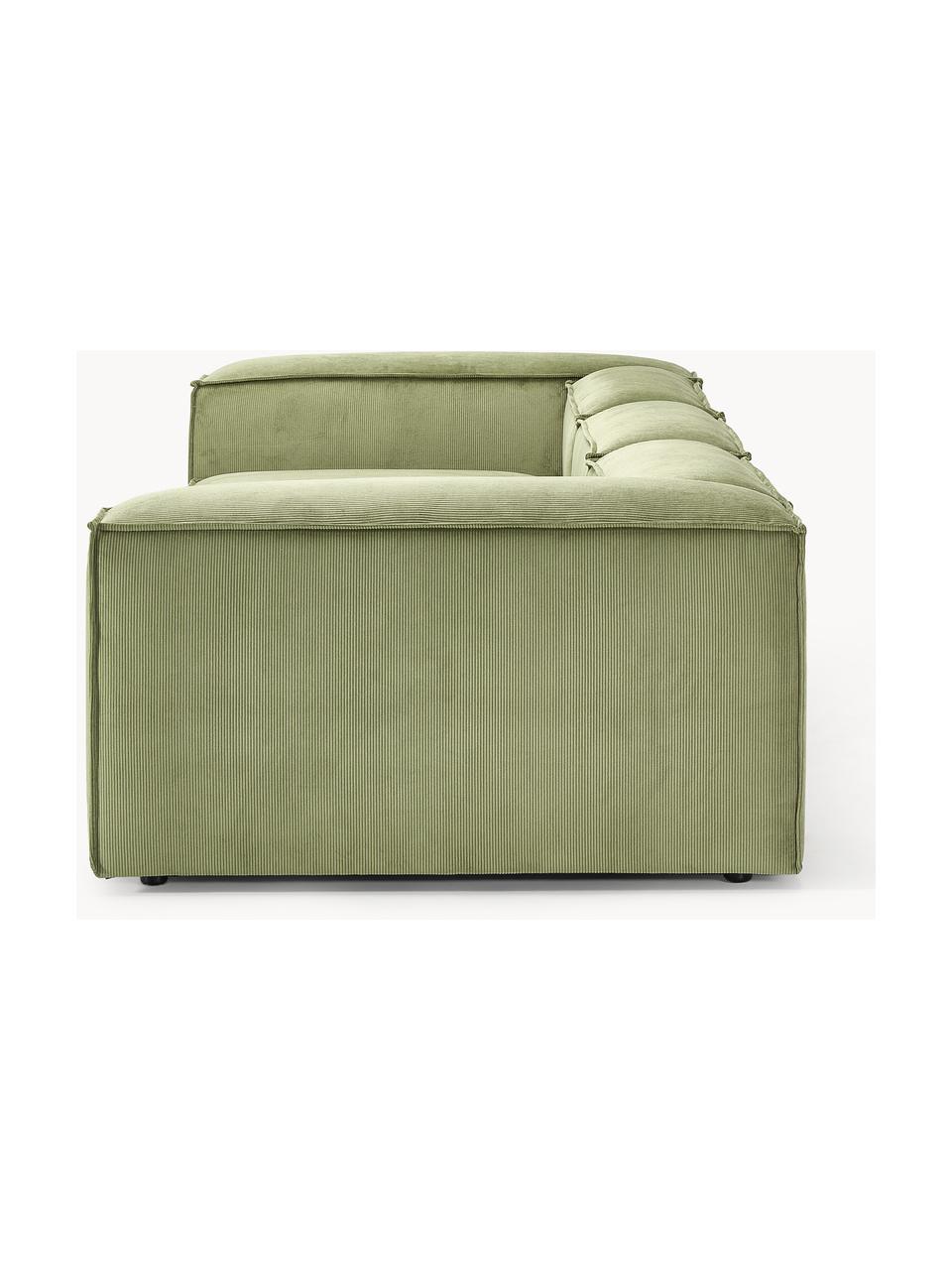 Modulares Sofa Lennon (4-Sitzer) aus Cord, Bezug: Cord (92 % Polyester, 8 %, Gestell: Massives Kiefernholz, Spe, Füße: Kunststoffx Dieses Produk, Cord Olivgrün, B 327 x T 119 cm