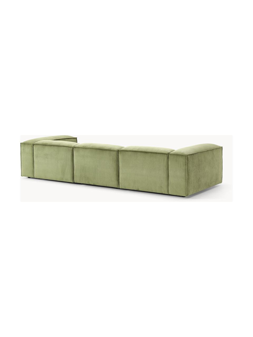 Sofá modular de pana Lennon (4 plazas), Tapizado: pana (92% poliéster, 8% p, Estructura: madera de pino maciza, ma, Patas: plástico Este producto es, Pana verde oliva, An 327 x F 119 cm