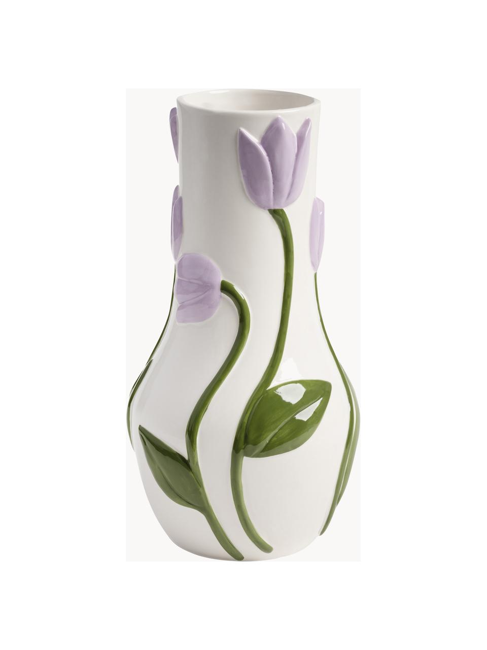 Handgefertigte Vase Tulip, H 31 cm, Dolomit, Lila, Off White, Olivgrün, Ø 16 x H 31 cm