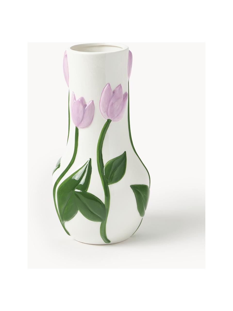 Handgefertigte Vase Tulip, H 31 cm, Dolomit, Lila, Off White, Olivgrün, Ø 16 x H 31 cm