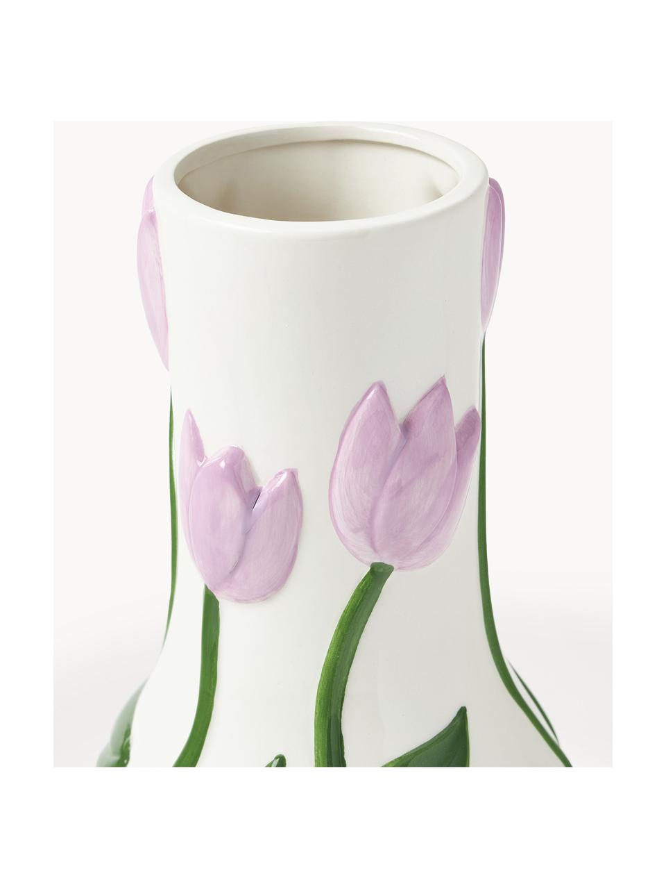 Handgefertigte Vase Tulip, H 31 cm, Dolomit, Lila, Off White, Olivgrün, Ø 16 x H 31 cm