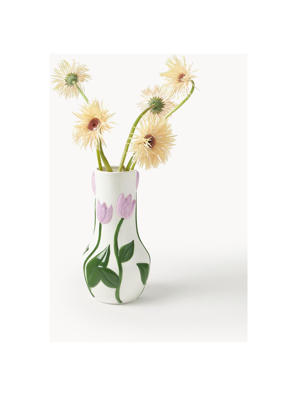 Handgefertigte Vase Tulip, H 31 cm, Dolomit, Lila, Off White, Olivgrün, Ø 16 x H 31 cm