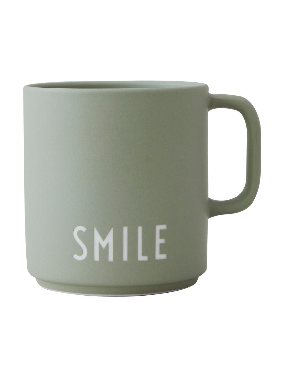 Design koffiemok Favourite SMILE in groen met opschrift, Fine Bone China (porselein), Groen, wit, Ø 10 x H 9 cm
