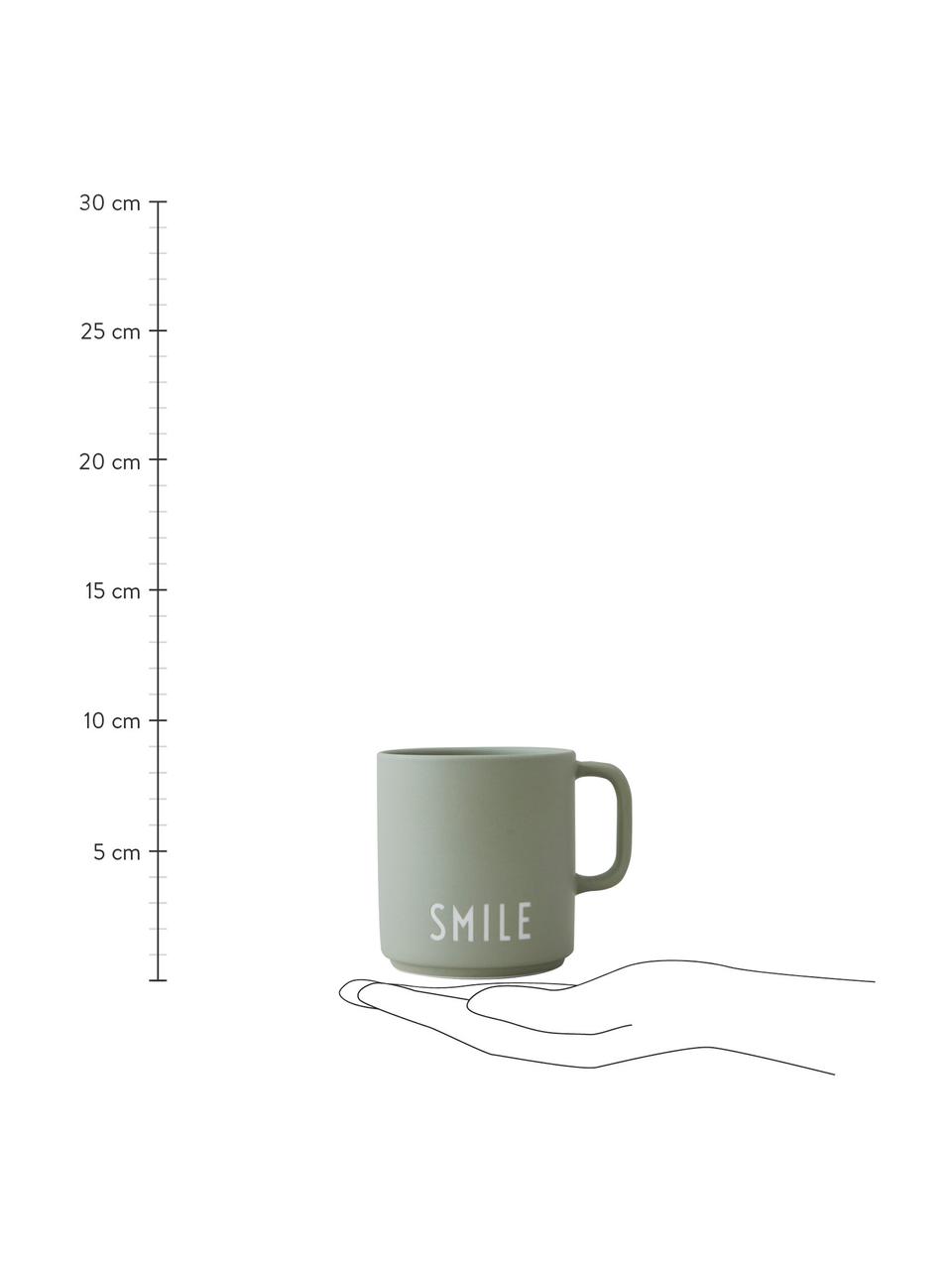 Design Kaffeetasse Favourite SMILE in gedecktem Grün mit Schriftzug, Fine Bone China (Porzellan), Graugrün, Weiß, Ø 10 x H 9 cm