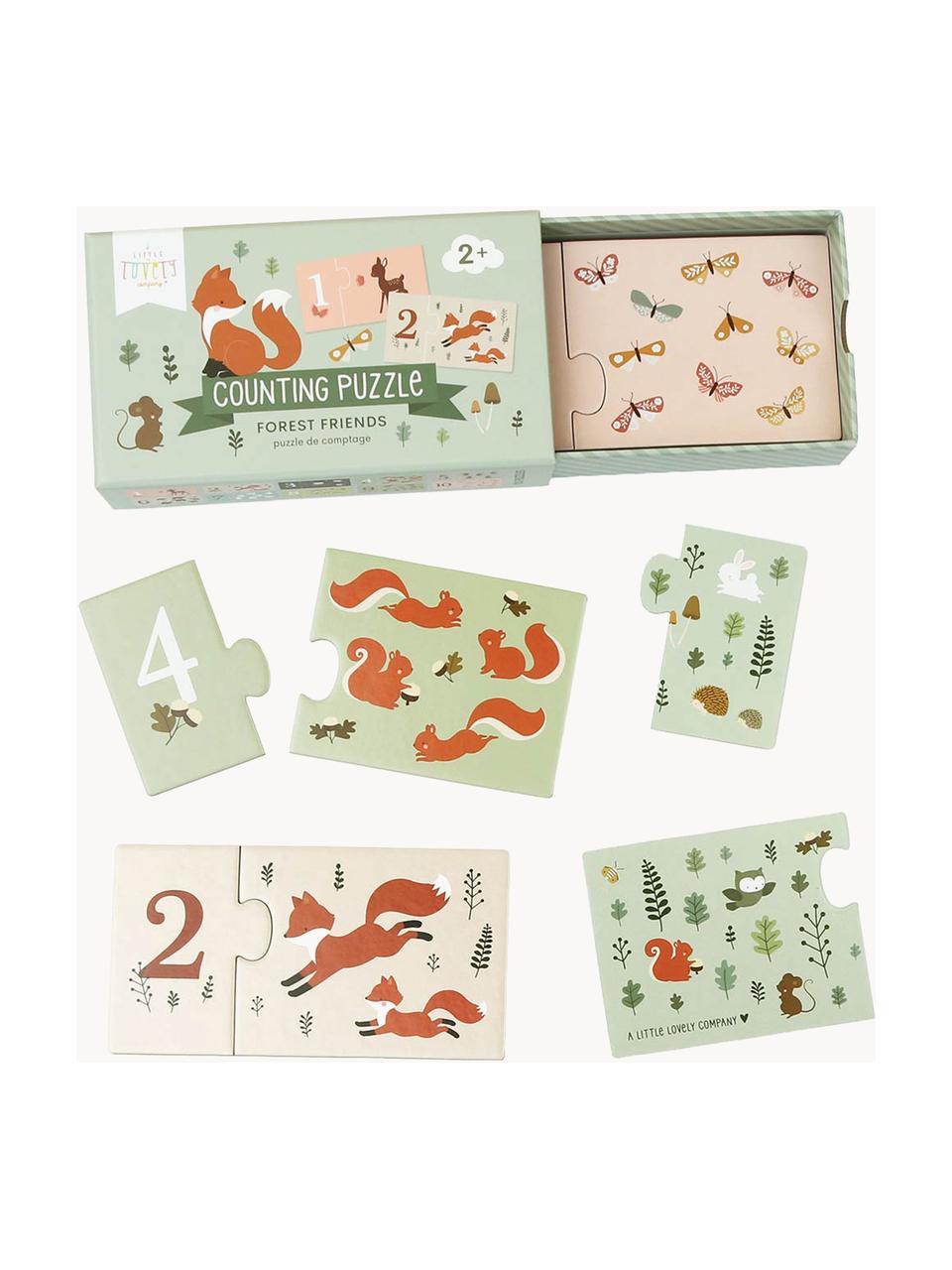 Dřevěné puzzle s čísly Forest Friends, Karton, Šalvějově zelená, více barev, Š 17 cm, V 10 cm