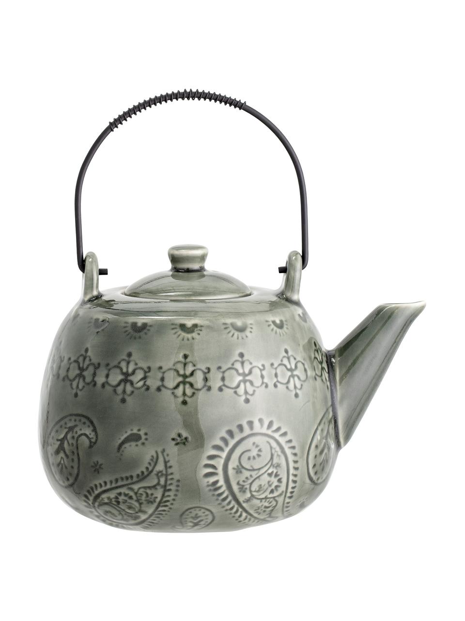 Handgemachte Teekanne Rani mit Craquelé Glasur und Teesieb, Kanne: Steingut, Griff: Metall, lackiert, Grün, 1 L