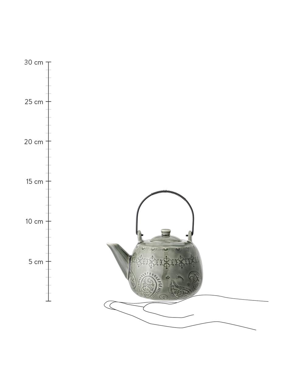 Handgemachte Teekanne Rani mit Craquelé Glasur und Teesieb, Kanne: Steingut, Griff: Metall, lackiert, Grün, 1 L