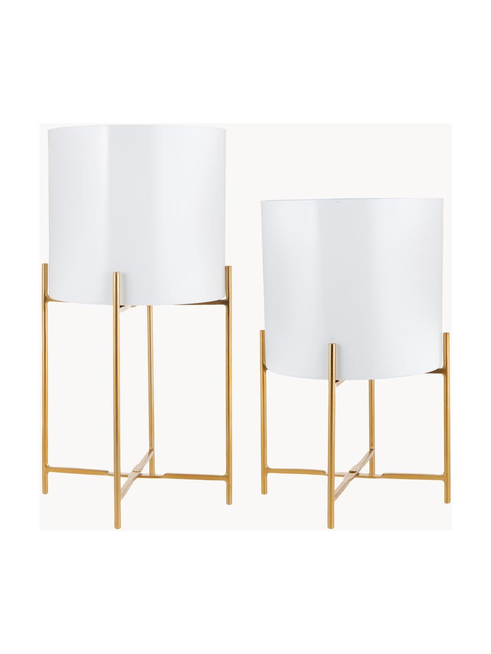 Set de maceteros de metal Mina, 2 uds., Metal con pintura en polvo, Blanco, dorado, Set de diferentes tamaños