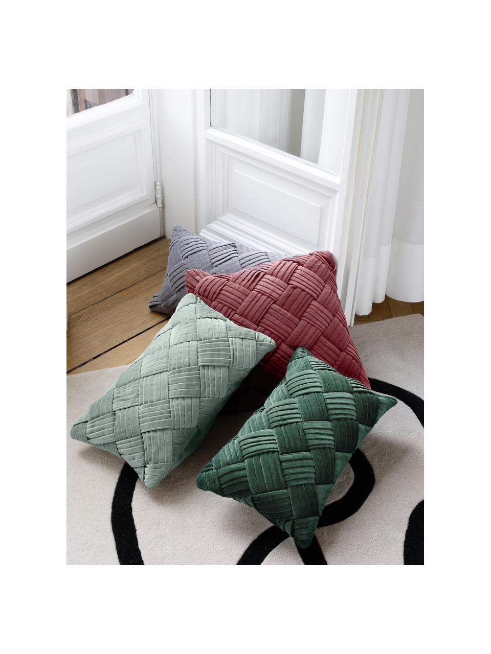 Housse de coussin en velours texturé Sina, Velours (100 % coton), Vert sauge, larg. 30 x long. 50 cm