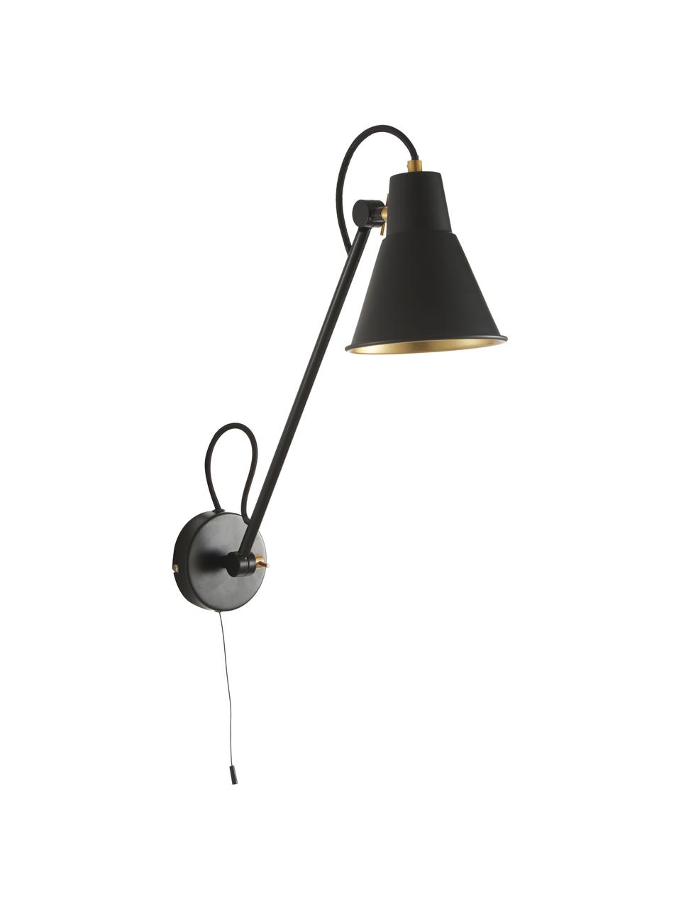 Wandlamp Justa met goudkleurig-decoratie, Lampenkap: gecoat metaal, Frame: gecoat metaal, Zwart, goudkleurig, 14 x 55 cm