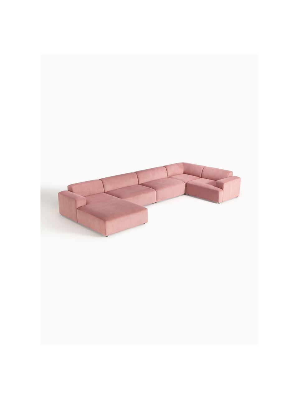 Sofá rinconera longue grande de pana Melva, Tapizado: pana (92% poliéster, 8% p, Estructura: madera de pino y abeto ma, Patas: plástico., Pana rosa palo, An 458 x F 220 cm, chaise longue derecha