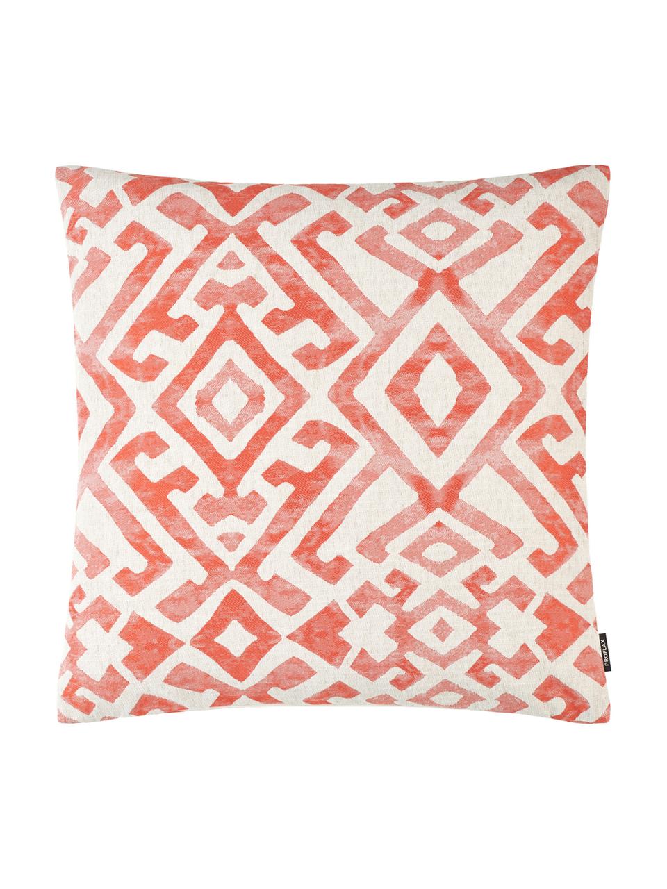 Housse de coussin ethnique aspect délavé Elani, Crème, rouge corail