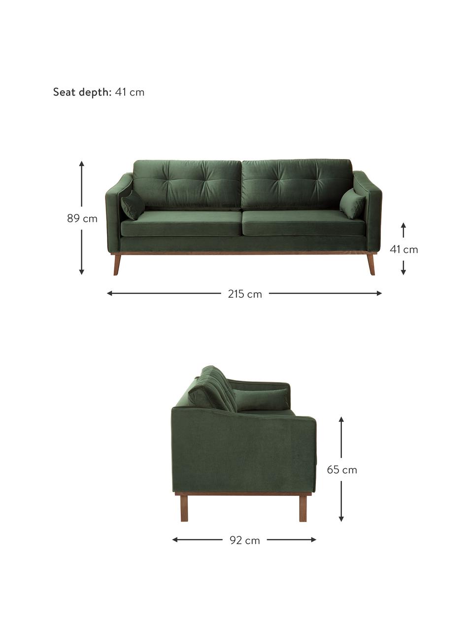 Fluwelen bank Alva (3-zits) in groen met beukenhout-poten, Bekleding: fluweel (hoogwaardig poly, Frame: massief grenenhout, Poten: massief gebeitst beukenho, Olijfgroen, B 215 x D 92 cm