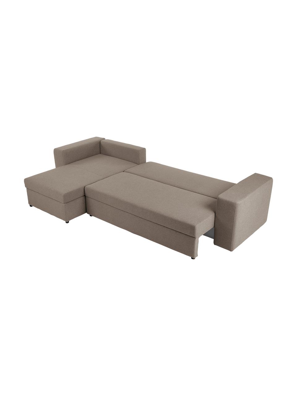Grote slaapbank Noah met opbergruimte, Bekleding: polyester, Frame: grenenhout, Frame: massief beukenhout, FSC-g, Poten: kunststof, Geweven stof bruin, B 343 x D 180 cm, hoekdeel links