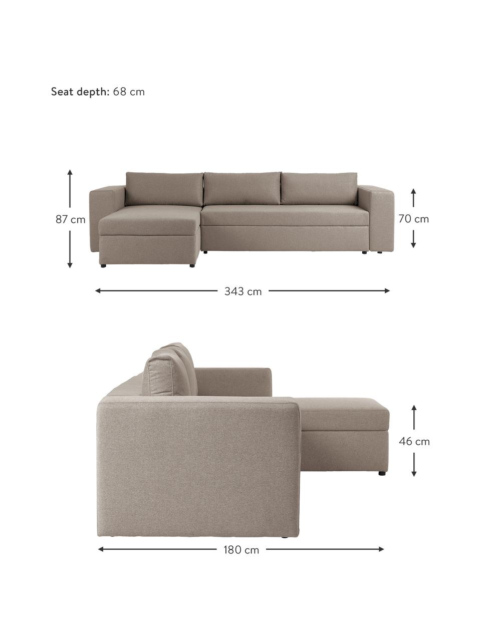 Velká rozkládací pohovka s úložným prostorem Noah (4místná), Hnědá, Š 343 cm, H 180 cm, levé rohové provedení
