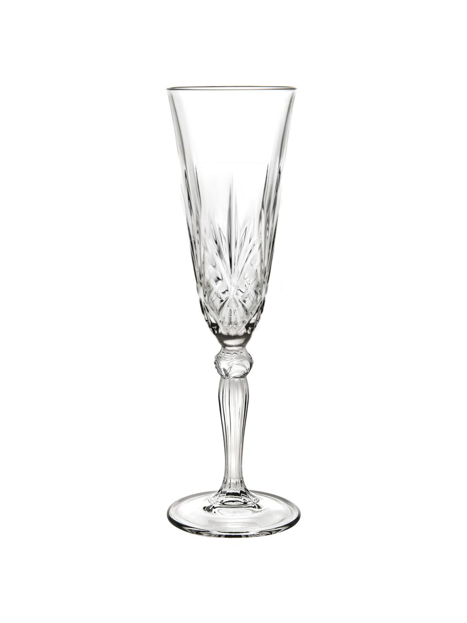 Krištáľové poháre na šampanské s reliéfnym vzorom Melodia, 6 ks, Krištáľové sklo, Priesvitná, Ø 7 x V 22 cm, 160 ml