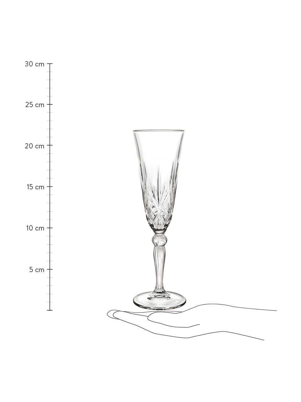 Kieliszek do szampana ze szkła kryształowego z reliefem Melodia, 6 szt., Szkło kryształowe, Transparentny, Ø 7 x W 22 cm, 160 ml