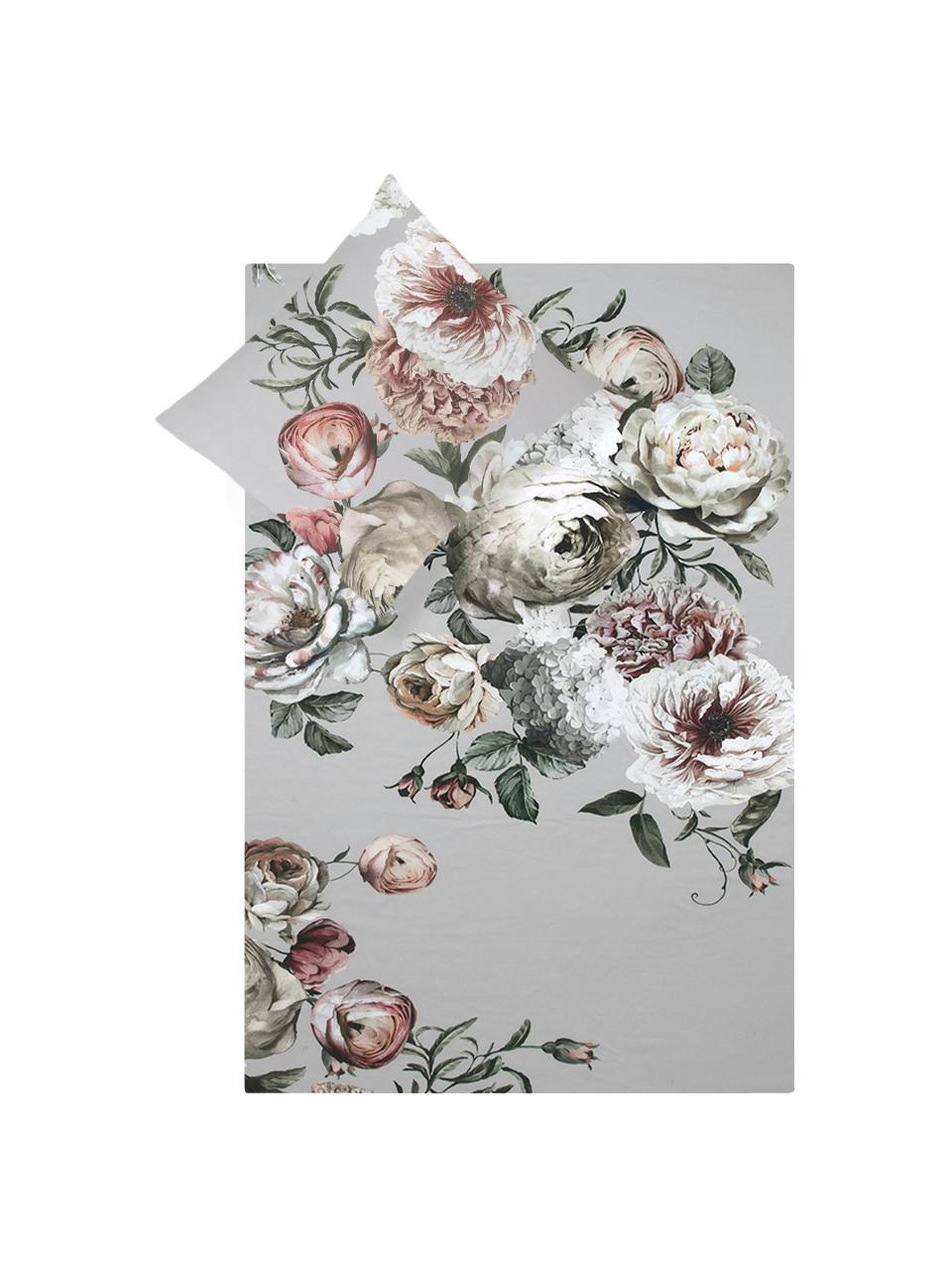 Katoensatijnen dekbedovertrek Blossom, Weeftechniek: satijn Draaddichtheid 210, Grijs, met bloemenprint, 140 x 200 cm + 1 kussenhoes 70 x 60 cm