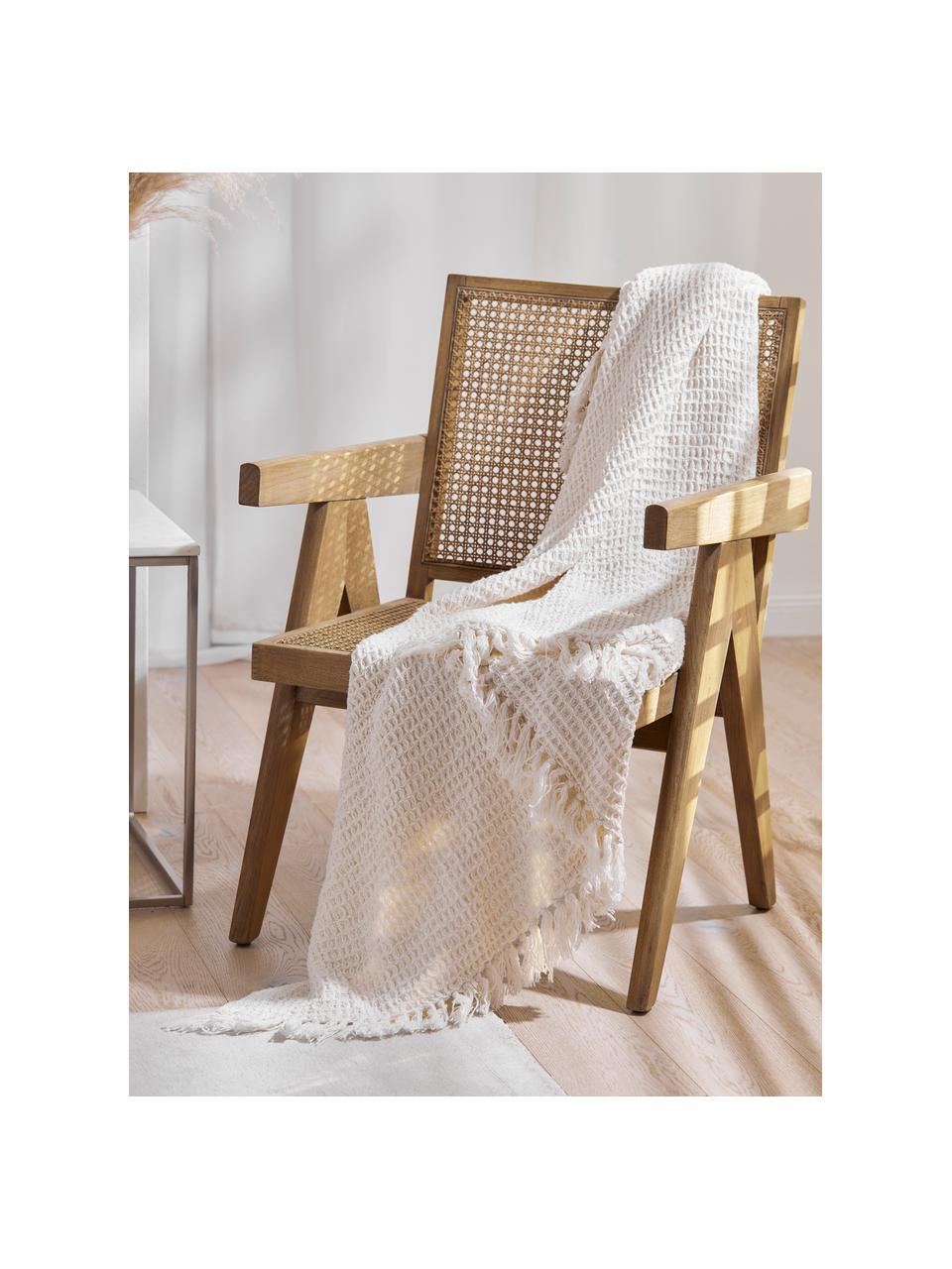 Plaid blanc ivoire coton Waffle, 100 % coton, Ivoire, larg. 130 x long. 170 cm