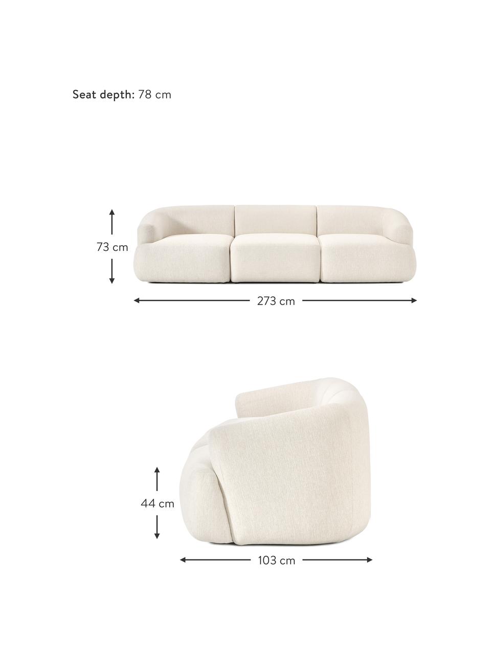 Sofa modułowa Sofia (3-osobowa), Tapicerka: 100% polipropylen Dzięki , Stelaż: drewno świerkowe, płyta w, Nogi: tworzywo sztuczne, Kremowobiała tkanina, S 273 x G 103 cm