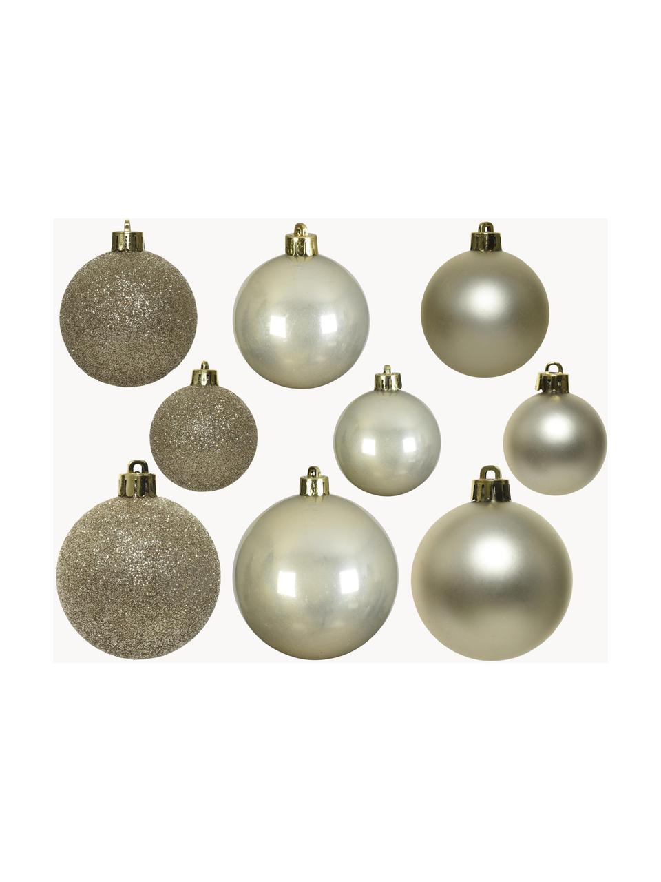 Boules de Noël incassables Mona, 30 élém., Couleur champagne, Lot de différentes tailles