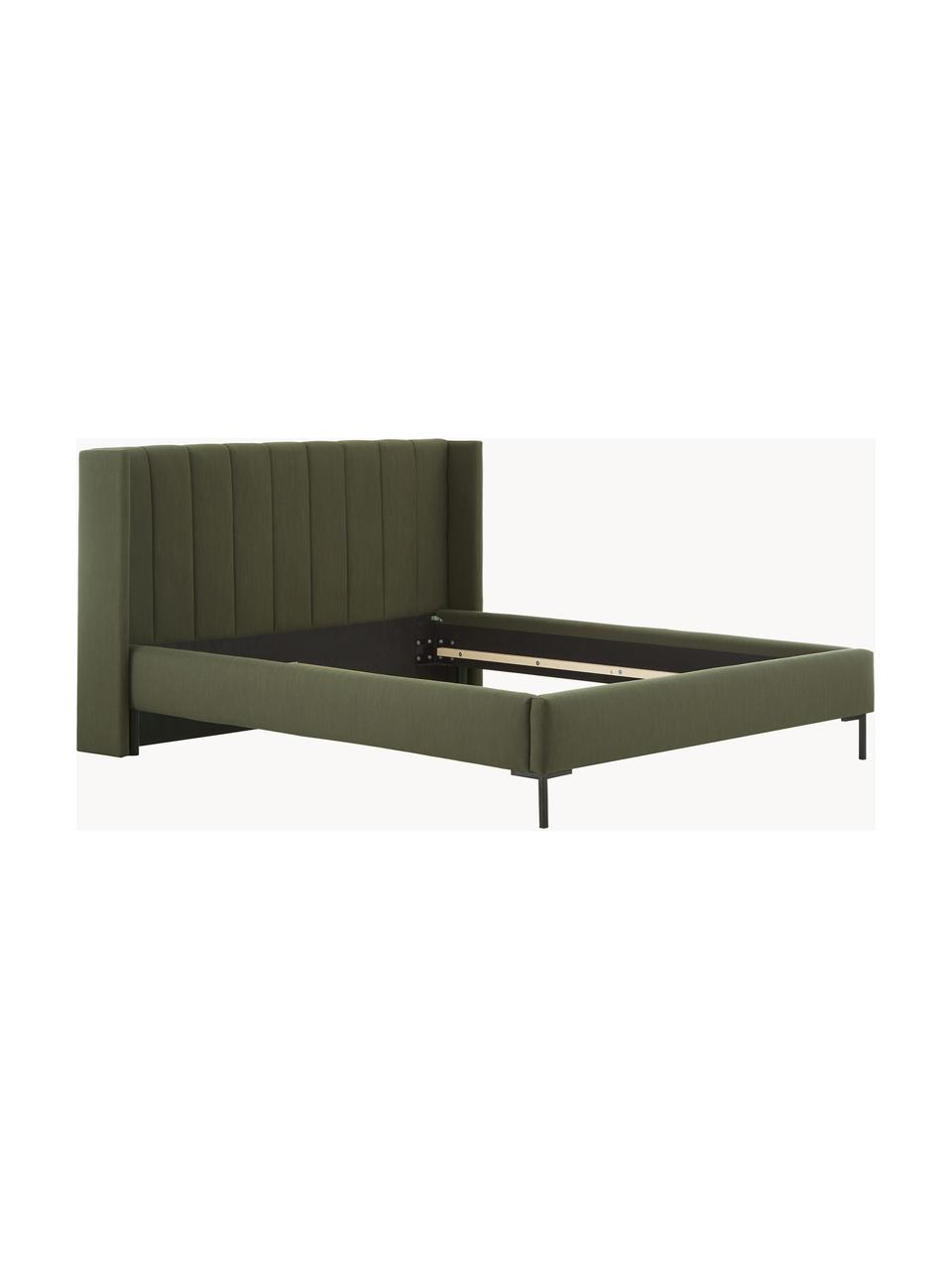 Cama tapizada Dusk, Tapizado: tejido finamente estructu, Estructura: madera de pino maciza con, Patas: metal con pintura en polv, Tejido verde oliva, An 160 x L 200 cm