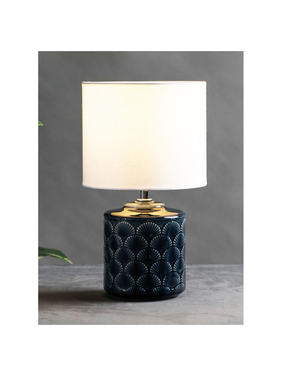 Kleine keramische tafellamp Glowing Midnight, Lampenkap: linnen, Lampvoet: keramiek, Donkerblauw, wit, Ø 18 x H 32 cm