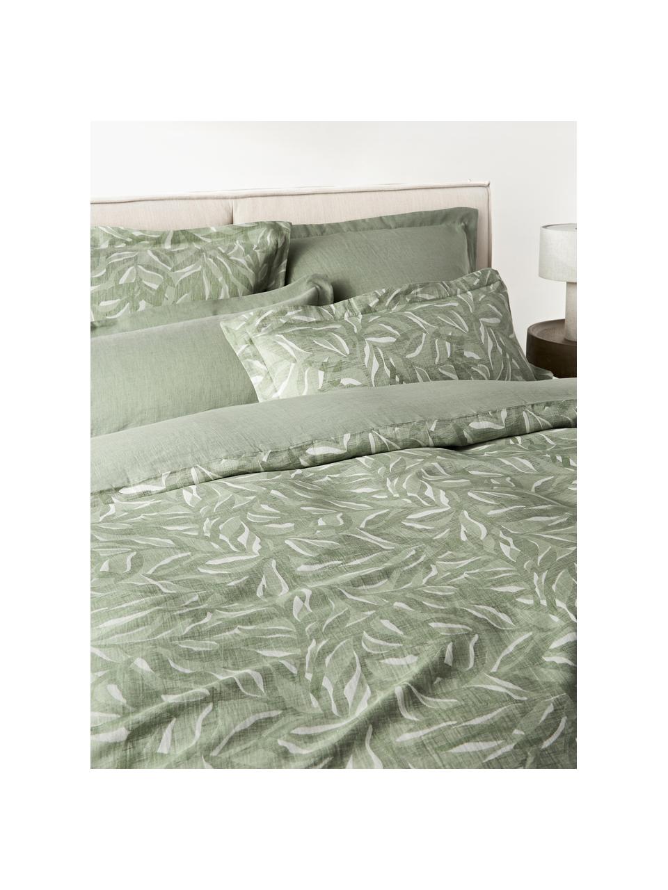 Funda de almohada de lino y algodón estampado Amita, Verde salvia, An 45 x L 110 cm