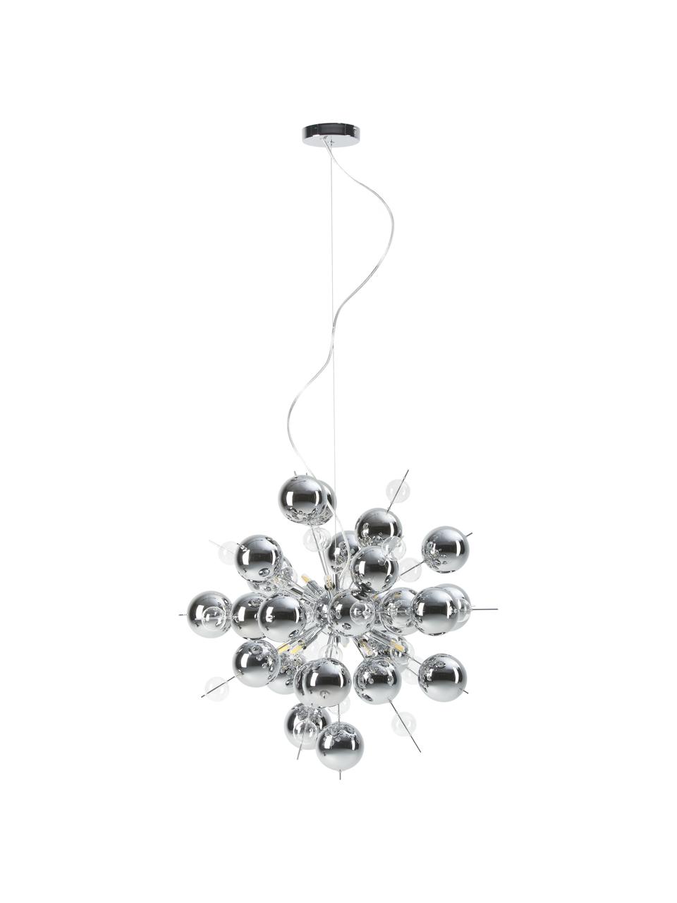 Závesná lampa zo sklenených guľôčok Explosion, Odtiene striebornej, Ø 65 cm