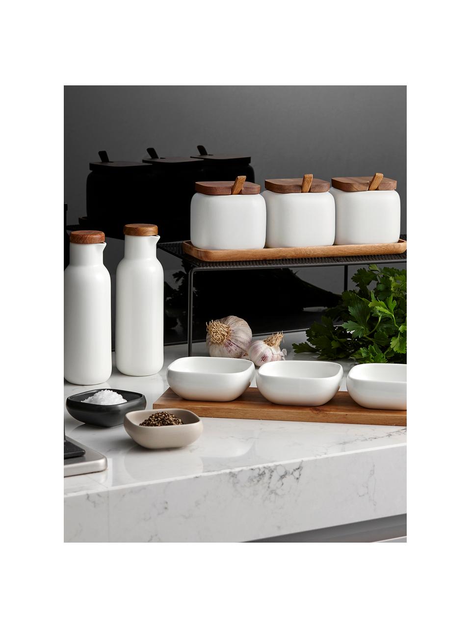Boîtes en porcelaine avec accessoire en bois d'acacia Essentials, 7 élém., Blanc, bois d'acacia, Lot de différentes tailles