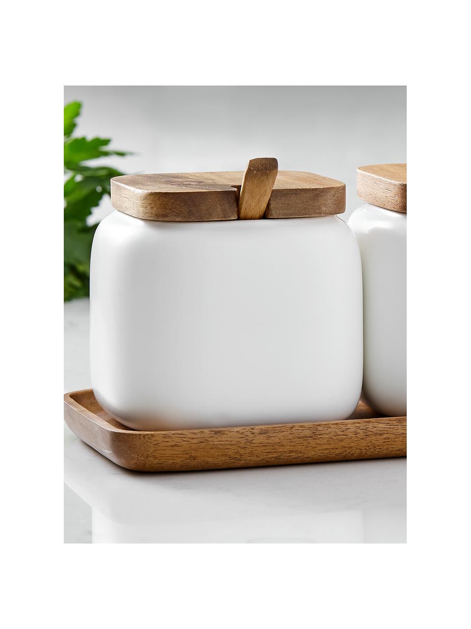 Komplet pojemników do przechowywania z porcelany i drewna akacjowego Essentials, 7 elem., Biały, drewno akacjowe, Komplet z różnymi rozmiarami