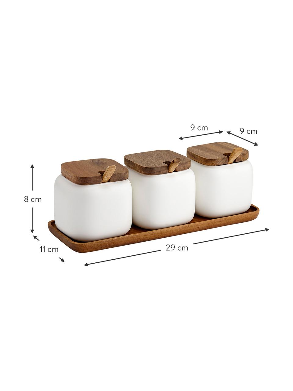 Sada dóz z porcelánu a akátového dřeva Essentials, 7 dílů, Bílá, akáciové dřevo, Sada s různými velikostmi