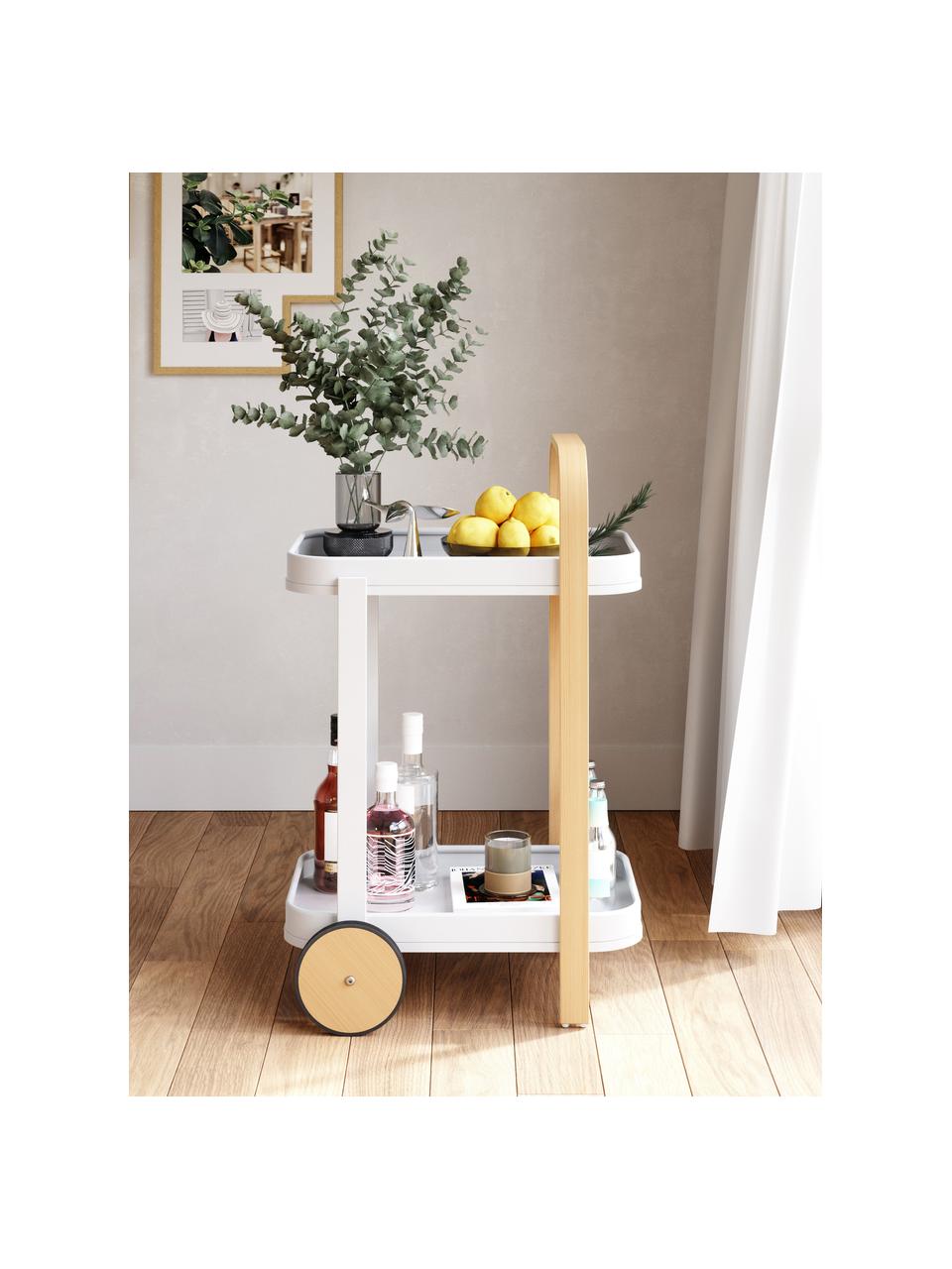 Camarera de metal Bellwood, Estructura: metal recubierto, Ruedas: caucho, Blanco, madera clara, An 53 x Al 80 cm