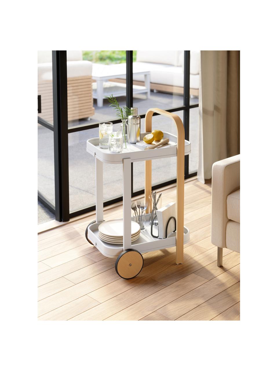 Carrello da portata Bellwood, Struttura: metallo rivestito, Manico: legno, Ruote: gomma, Bianco, legno chiaro, Larg. 53 x Alt. 80 cm