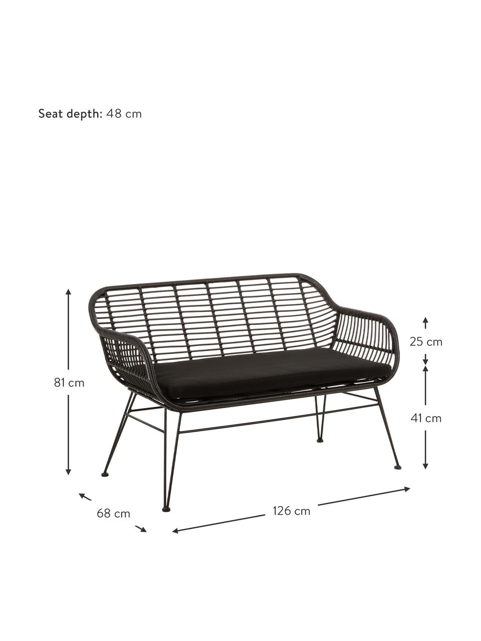 Ławka z polirattanu Costa, Stelaż: metal malowany proszkowo, Czarny, S 126 x W 81 cm