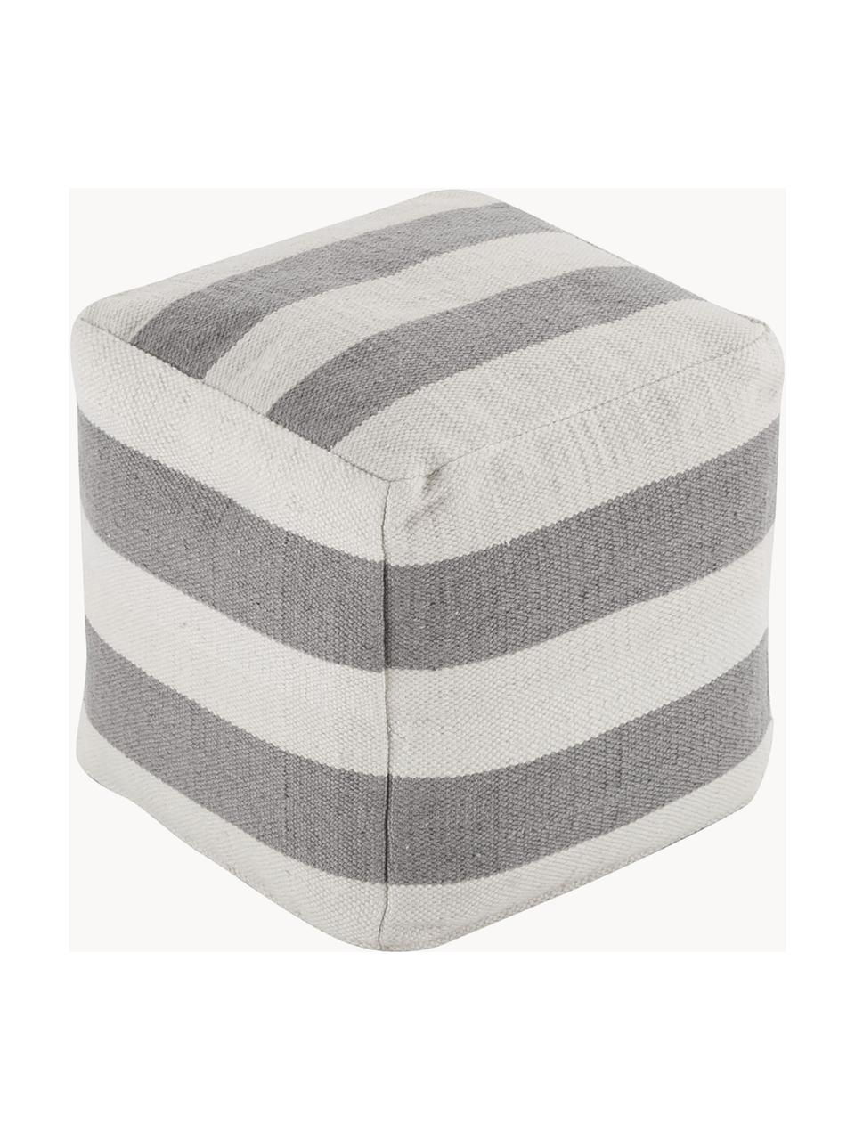 Pouf rond tissé main Lani, Gris, blanc, larg. 40 x haut. 40 cm