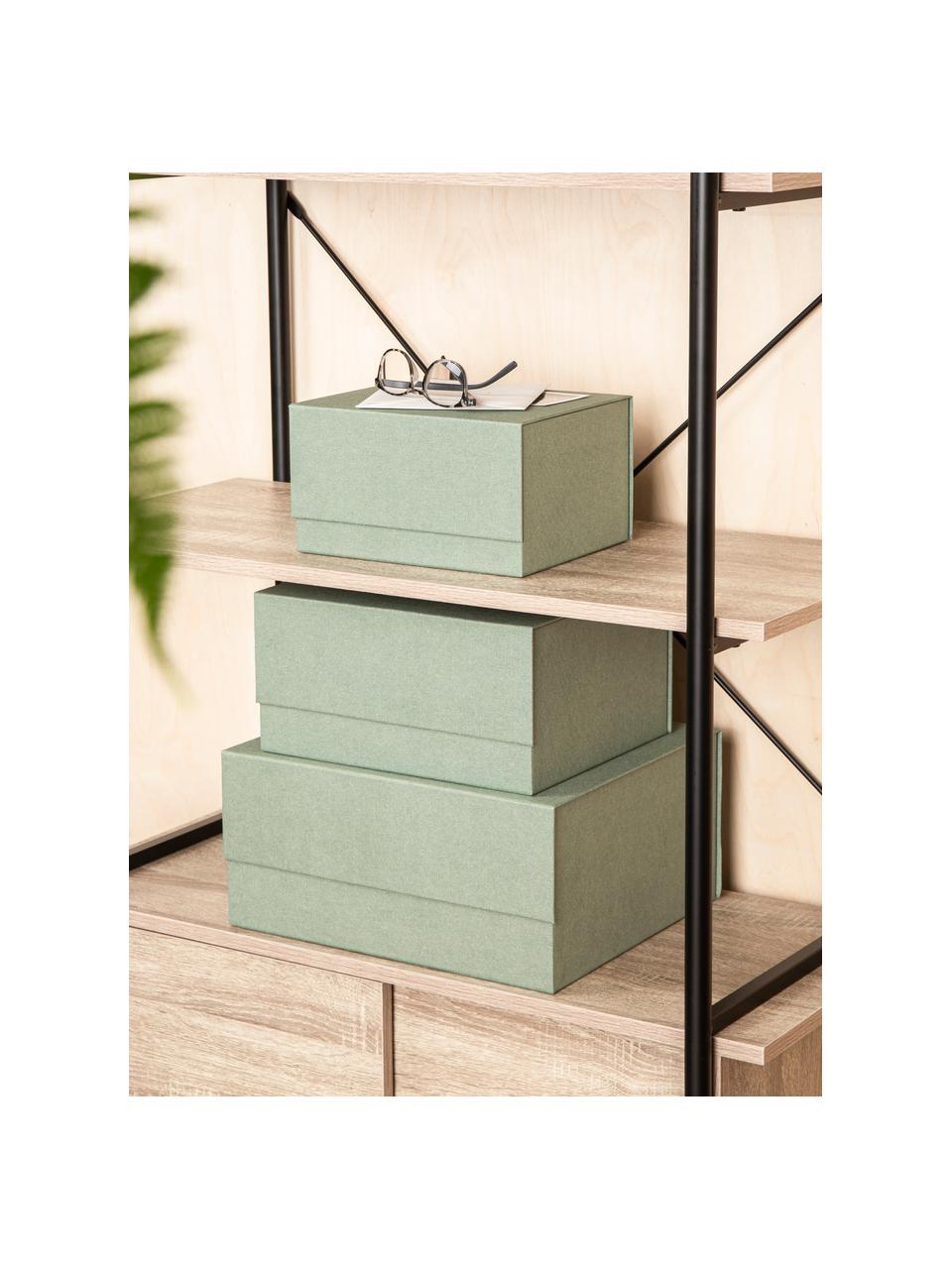 Boîtes de rangement Ilse, 3 élém., Toile, carton rigide, Vert sauge, Lot de différentes tailles
