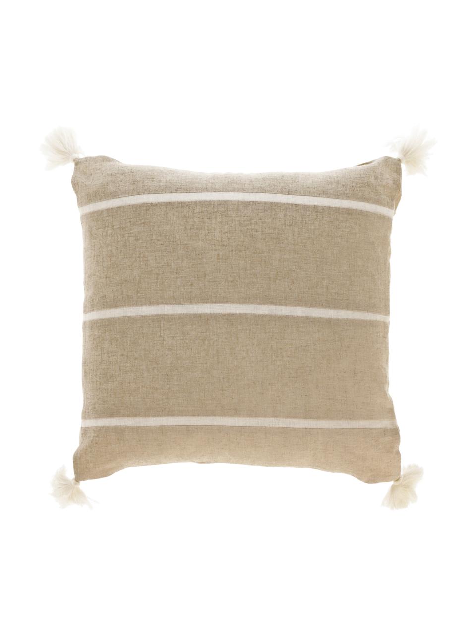 Gestreepte kussenhoes Silene met kwastjes, 100% katoen, Beige, 45 x 45 cm