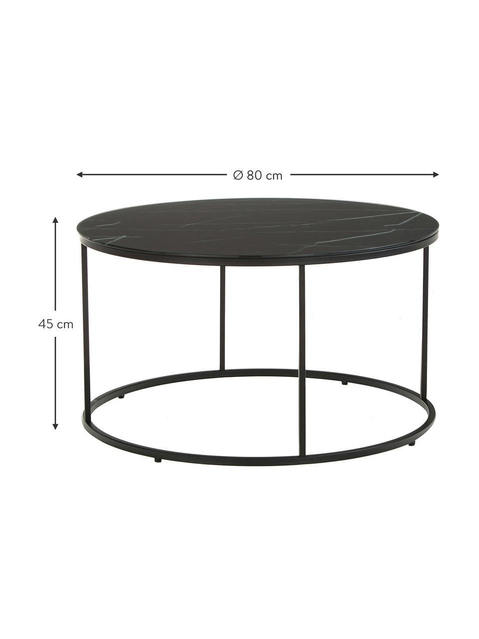 Tavolino rotondo da salotto con piano in vetro effetto marmo Antigua, Struttura: acciaio verniciato a polv, Effetto marmo, nero, Ø 80 cm